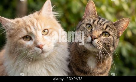 Close-up portrait of two charming cats, one with long ginger fur and white markings, the other a classic tabby with distinct stripes. They are posed o Stock Photo