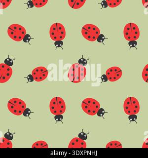 Pattern with ladybug insect on pastel warm green background. Vector illustration Stock Vector