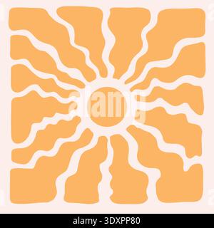 Retro groovy sun background with bright sunburst in style 60s, 70s. Abstract wavy ray pattern in trendy style. Boho psychedelic vintage background. Fun hippie poster. Abstract summer wallpaper. Stock Vector