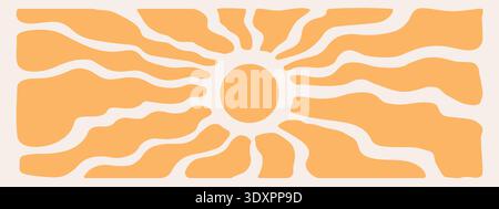 Retro groovy sun background with bright sunburst in style 60s, 70s. Abstract wavy ray pattern in trendy style. Boho psychedelic vintage background. Fun hippie poster. Abstract summer wallpaper. Stock Vector