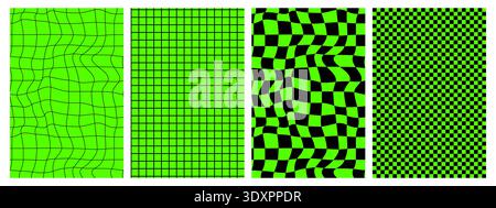 Groovy hippie 70s backgrounds set. Checkerboard, chessboard, mesh, waves, swirl, twirl pattern. Twisted and distorted vector texture in trendy retro psychedelic style. Stock Vector