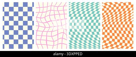 Psychedelic Checkerboard. Groovy hippie 70s background set. Trippy checkered wallpaper. Retro vector illustration in Y2k style. Funky distorted poster patterns. Stock Vector