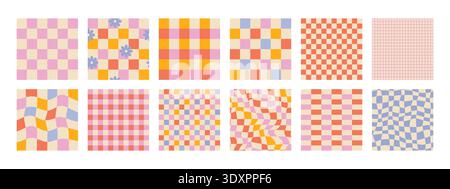 Groovy checkered seamless patterns, vintage aesthetic backgrounds, psychedelic checkerboard texture. Funky hippie fashion textile print, retro background with distorted grid tile vector pattern set Stock Vector