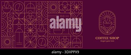 Abstract geometric coffee pattern in minimalist style. Seamless background with hand drawn line art beans, drink cups, hot tea pot, plant leaves, bauhaus outline elements for cafe menu. Logo concept Stock Vector