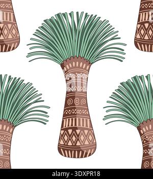 Xanthorrhoea tree drawing in tribal style seamless pattern. Vector illustration. The Grass tree, native Australian endemic flora background Stock Vector