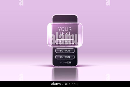 Abstract smartphone screen with transparent glass UI elements, featuring buttons and text on a gradient background. Vector illustration. Stock Vector