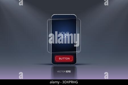 Modern smartphone with a transparent frame and glowing red button, ideal for technology and UI design concepts. Vector illustration Stock Vector