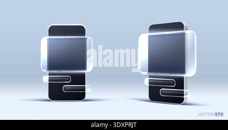Modern smartphone mockups featuring transparent glass interface elements. Two sleek devices with abstract interactive frames. Vector illustration. Stock Vector