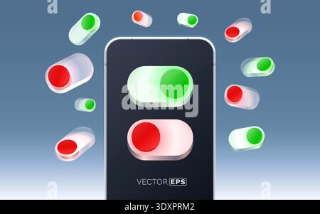 Modern smartphone with vibrant 3D toggle switches. User interface design concept. Vector illustration Stock Vector