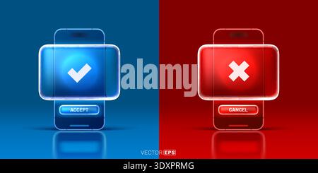 Smartphone UI showing decision process with accept and cancel, featuring a modern glassmorphism design. Vector illustration Stock Vector