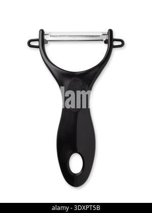 Black plastic vegetable peeler with stainless steel blades, isolated on a white background, top view Stock Photo