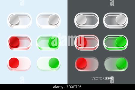 Modern UI Toggle Switches On Off Button Set. Collection of elegant translucent control elements for web and app design. Vector illustration. Stock Vector