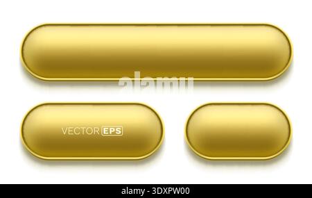 Realistic set of blank golden buttons with rounded corners, shiny metallic design for web or UI elements. Vector illustration. Stock Vector