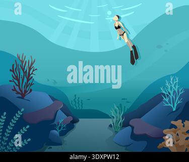 Illustration of Woman Freediving Underwater with Coral Reef and Sunlight Rays. Stock Vector