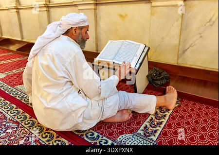 An elderly man sits on the floor of the Umayyad Mosque in Damascus, reading the Quran intently on a stand. Stock Photo