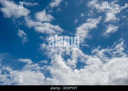 Dispersed white clouds floating against a solid blue sky Stock Photo