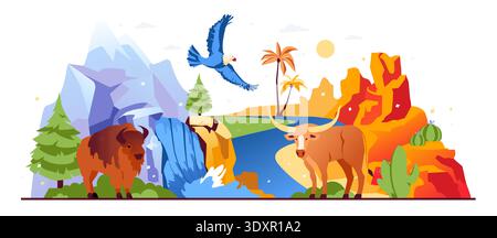 Wild American Landscapes - Colorful Flat Design Illustration Stock Vector
