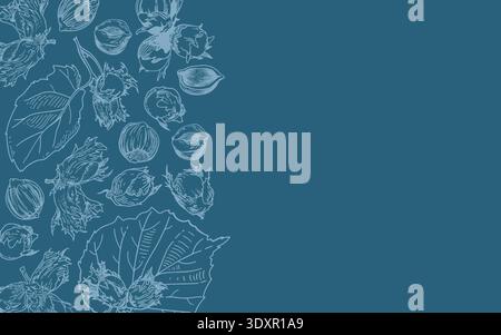 Horizontal banner with vector hand drawn linear drawing of hazelnuts and leaves on a dark blue background. Stock Vector