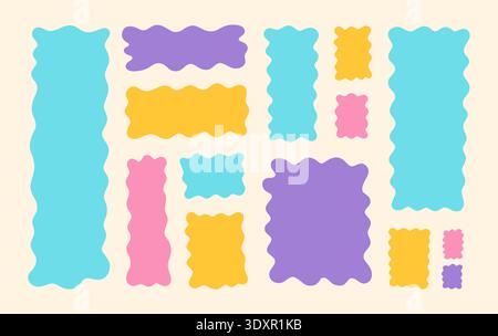Wavy rectangle set of colorful abstract frames with soft organic curves. Modern flat collection of liquid text boxes, playful blobs and smooth geometric shapes in pastel colors on light background. Stock Vector