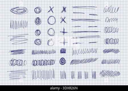 Hand-drawn pen doodles of various shapes, lines, circles, and crosses on grid paper. Sketches include straight, wavy, overlapping lines, creating a casual, artistic feel. Ideal for creative design use Stock Vector