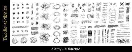 Hand-drawn pen scribbles and doodles featuring messy circles, stars, hearts, and chaotic squiggly lines. Perfect for creative texture overlays and artistic pen sketches. Stock Vector