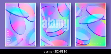 Set of posters with holographic glass morphism shapes flying on gradient background. Vector realistic illustration of creative digital art banners with abstract transparent round coins falling Stock Vector