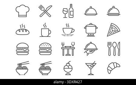 Professional restaurant line icon set for menu, catering, and hospitality design with food, drinks, and cutlery for web and app UI Stock Vector