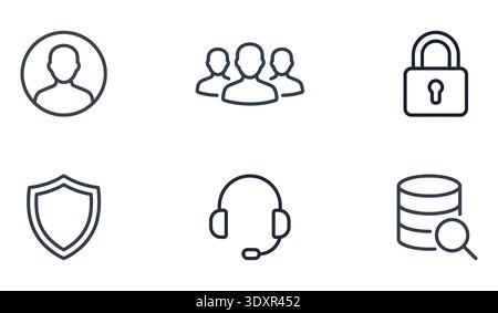 Minimalist black outline icons representing digital safety and service. A padlock, shield, headset, and data storage show security measures Stock Vector