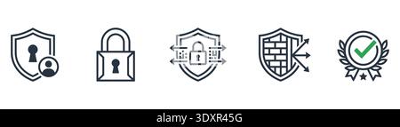 This clean vector icon set features five line illustrations for cybersecurity. Visuals include a protected user, a padlock, data encryption, a firewal Stock Vector