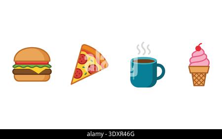 This vibrant set features four flat food icons a cheeseburger, pepperoni pizza slice, hot coffee mug, and pink ice cream cone for restaurant menus Stock Vector