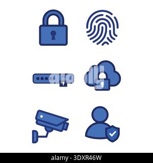 Professional blue security icon set showcasing data protection, biometric access, cloud safety, and video surveillance. Perfect for web design, app Stock Vector