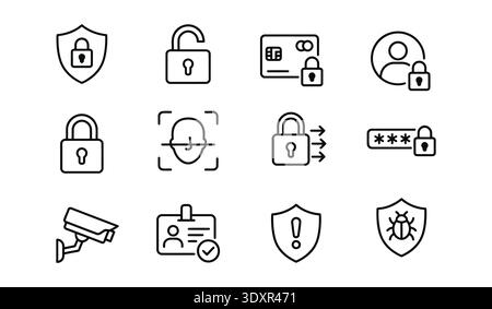 A minimalist collection of black outline icons representing data safety and digital privacy. Includes symbols for face ID, encrypted credit card. Stock Vector