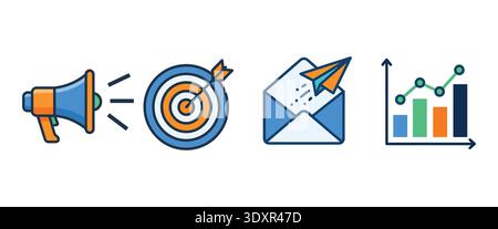 A clean set of four professional marketing icons representing promotion, goal targeting, email campaigns, and data analysis. These colorful graphics Stock Vector