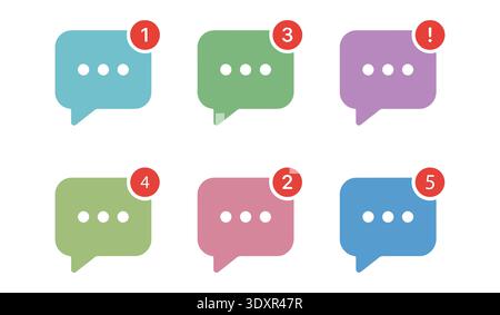A vibrant set of flat vector chat bubble icons in various colors, each featuring a red notification badge with numbers or an exclamation mark, perfect Stock Vector
