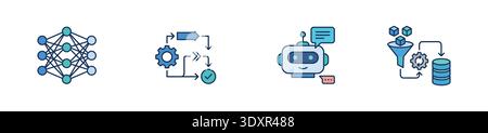 Modern line icons illustrating machine learning nodes, automated workflow, a friendly chatbot, and data filtering processes. Ideal for software Stock Vector
