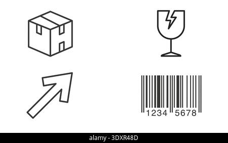 A set of four minimal black outline icons representing logistics and shipping services. Includes a parcel box, fragile glass symbol, upward arrow Stock Vector