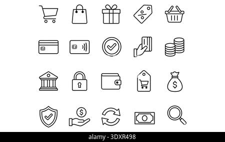 A collection of twenty minimalist line icons representing online shopping and finance. It includes carts, bags, cards, and bank symbols designed Stock Vector