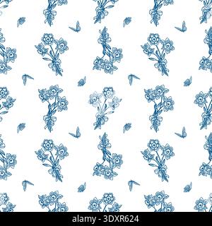 Bouquet of flowers tied with a bow and flying butterflies seamless pattern. Hand drawn vector illustration in line art style. Monochrome blue clip art Stock Vector