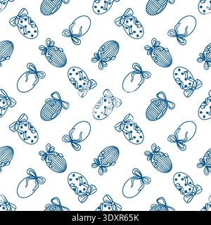 Easter eggs with bows seamless pattern. Hand drawn vector illustration in line art style. Monochrome blue clip art for wrapping paper, fabric and cove Stock Vector