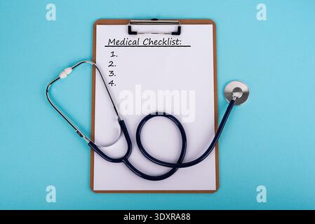 Medical Checklist on clipboard with stethoscope on blue background. Concept for healthcare quality control, hospital procedure, and patient safety Stock Photo