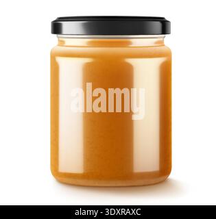 Jar with apple jam or compote isolated on white background. Homemade apple jam in a glass jar. Realistic 3d vector illustration. Mockup for your brand Stock Vector
