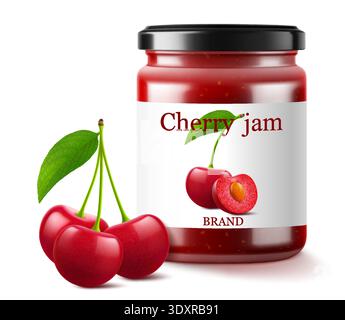 Cherry jam in glass jar and fresh berry isolated on white background. Realistic 3d vector Illustration. Glass Jar with Preserved Cherry Compote or Jam Stock Vector
