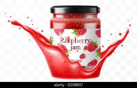 Glass Jar with Preserved raspberry Jam in a splash of raspberry juice isolated on transparent background. raspberry jam or Compote in glass jar with b Stock Vector