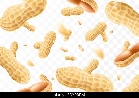 Falling peanuts, isolated on transparent background, selective focus. Flying peanut with blurry effect. Can be used for advertising, packaging, banner Stock Vector