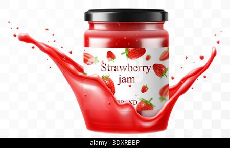 Glass Jar with Preserved strawberry Jam in a splash of strawberry juice isolated on transparent background. strawberry jam or Compote in glass jar wit Stock Vector