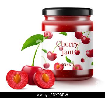 Cherry jam in glass jar and fresh berry isolated on white background. Realistic 3d vector Illustration. Glass Jar with Preserved Cherry Compote or Jam Stock Vector