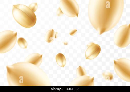 Falling peanuts, isolated on transparent background, selective focus. Flying peanut with blurry effect. Can be used for advertising, packaging, banner Stock Vector
