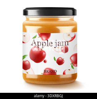 Jar with apple jam isolated on white background. Homemade apple jam in a glass jar. Realistic 3d vector illustration. Mockup for your brand. Stock Vector