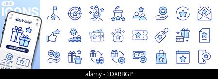 Reward and loyalty program icon set with stars, gifts, rocket, achievements. Success symbols for customer recognition, bonus points, goal targeting Stock Vector