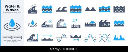 Water waves and sea ripples icon set with ocean surface, tsunami disaster, and wave physics diagrams. Blue flat vector symbols for marine navigation Stock Vector